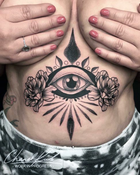 Womens Stomach Eye Tattoo With Florals