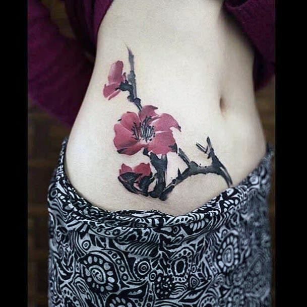 Womens Stomach Red Hibiscus Watercolor Tattoo