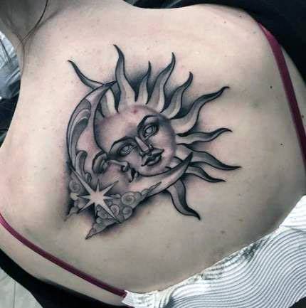 Womens Stomach Sparkling Sun Tattoo