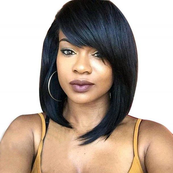 Womens Stunning Shiny Shoulder Length Side Swept Black Bob Hairstyle