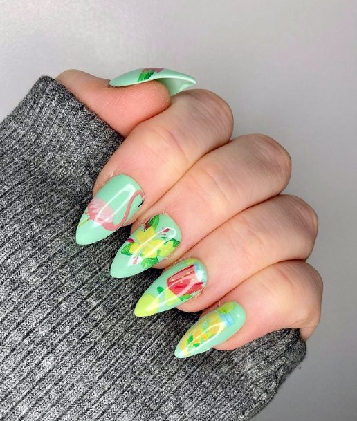 Womens Summer Zest Green Flamingo Nails