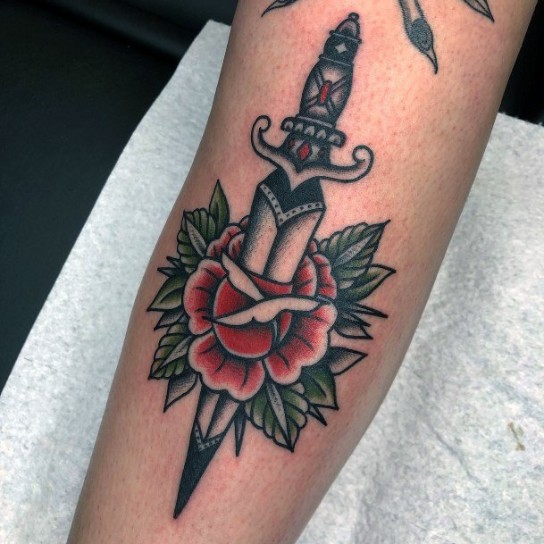 Womens Tattoo Art Dagger Rose Tattoo