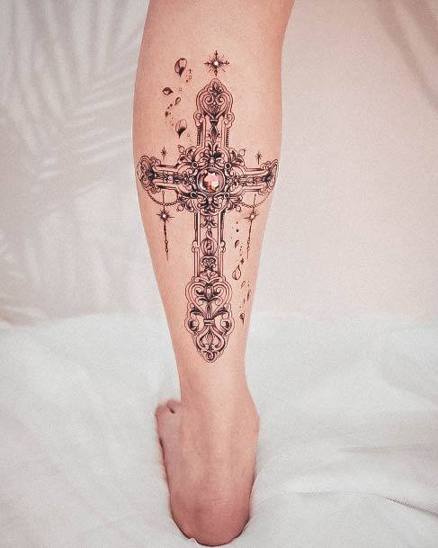 Womens Tattoo Ideas Gem Cross Leg Calf