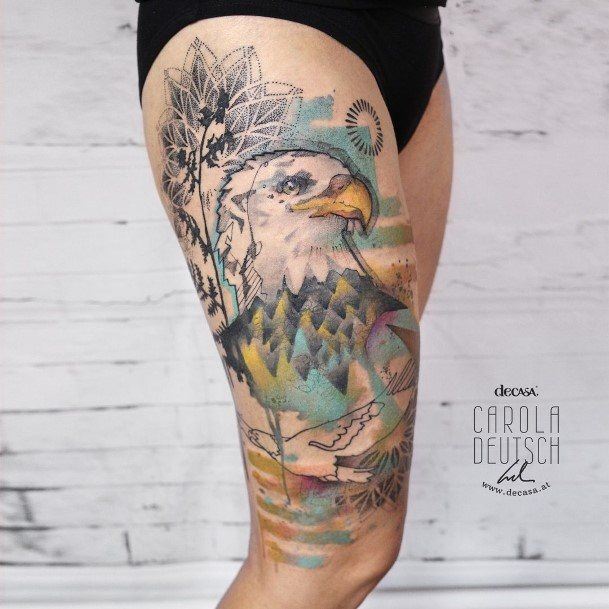 Womens Tattoo Ideas With Eagle Design Watercolor Thigh