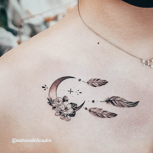 Womens Tattoo Ideas With Girly Design Dreamcatcher Moon Chest