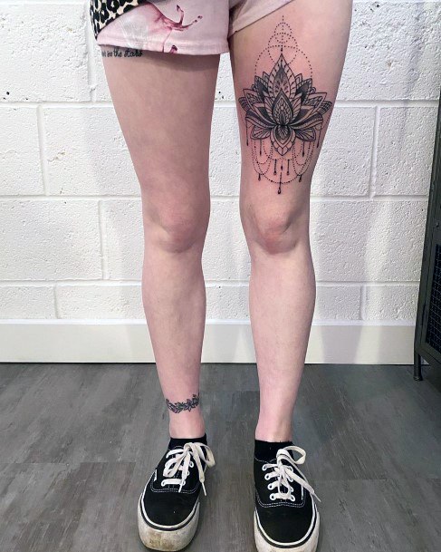 Womens Thick Petalled Lotus Tattoo On Thighs