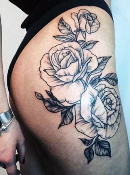 Womens Thigh Black Rose Tattoo