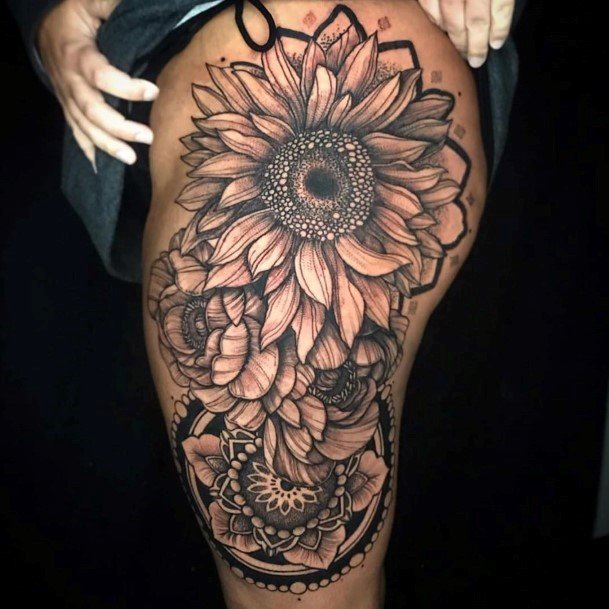 Womens Thigh Gigantic Sunflower Tattoo