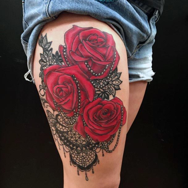Womens Thigh Red Roses Tattoo