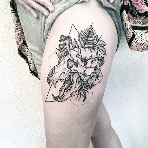 Womens Thighs Bear And Leaves Tattoo