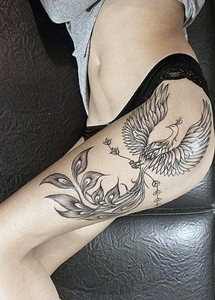 Womens Thighs Black Phoenix Tattoo