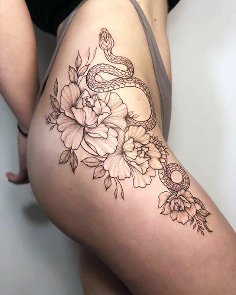 Womens Thighs Blossoms And Snake Grey Tattoo