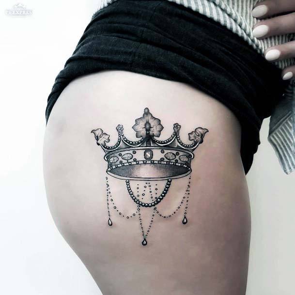 Womens Thighs Chained Crown Tattoo