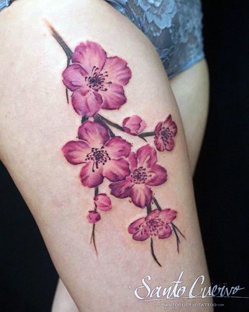 Womens Thighs Cherry Blossom Tattoo