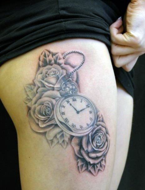 Womens Thighs Clock And Roses Tattoo