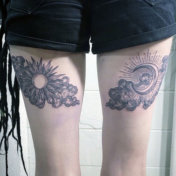 Womens Thighs Cloudy Moon And Sun Tattoo