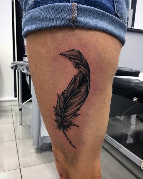 Womens Thighs Curled Grey Feather Tattoo