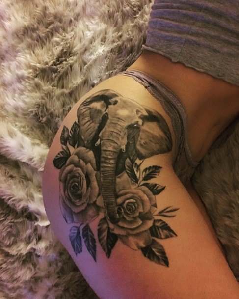 Womens Thighs Elephant With Roses Tattoo