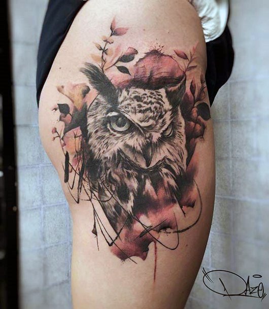 Womens Thighs Evil Owl Tattoo