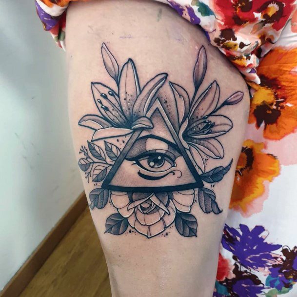 Womens Thighs Floral Eye Tattoo