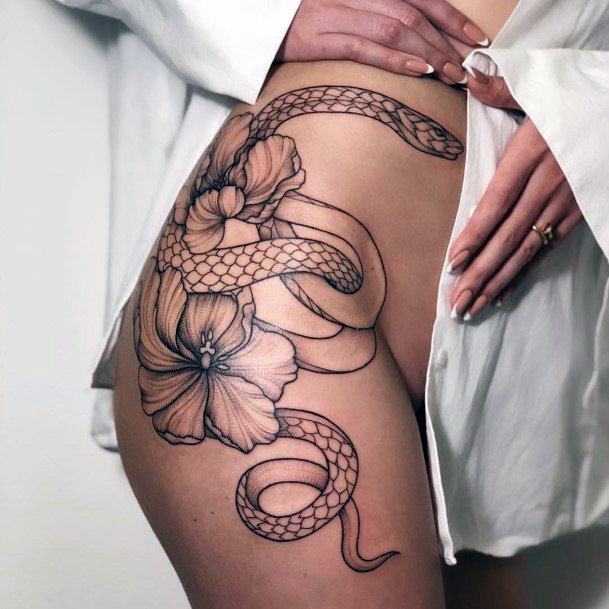 Womens Thighs Florals And Snake Tattoo