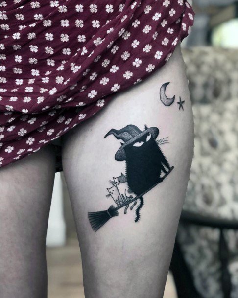 Womens Thighs Flying Witch Cat Tattoo