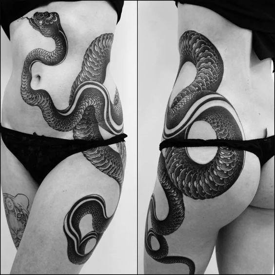 Womens Thighs Magnificient Grey Snake Tattoo