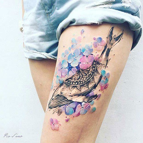 Womens Thighs Pastel Flowers And Whale Cool Tattoo