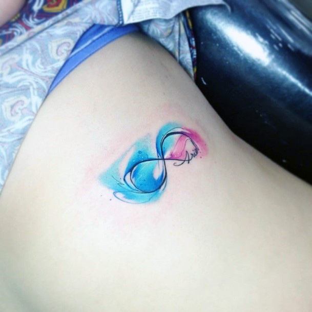 Womens Thighs Pink And Blue Infinity Tattoo