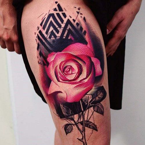 Womens Thighs Pink Rose Tattoo