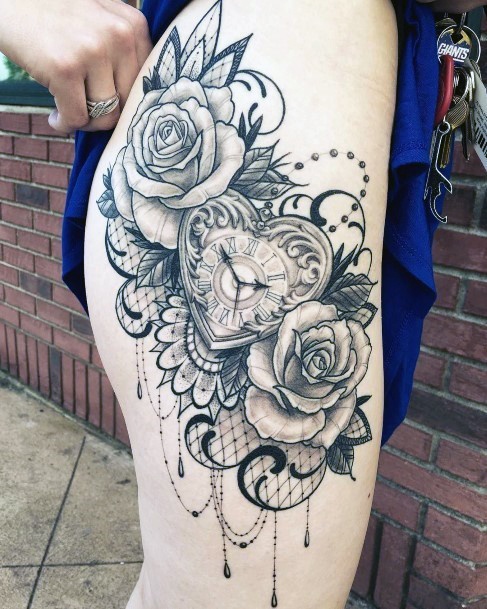 Womens Thighs Roses And Clock Tattoo