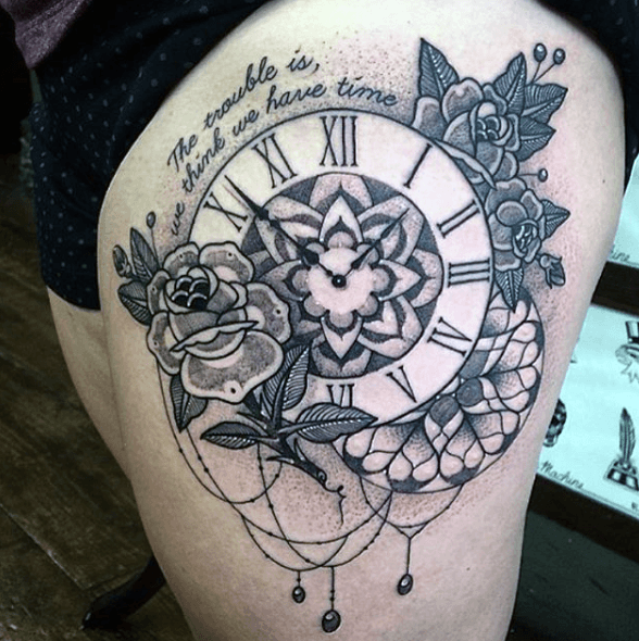 Womens Thighs Round Decorated Clock And Flowers Tattoo