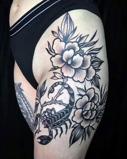 Womens Thighs Scorpion And Flowers Tattoo