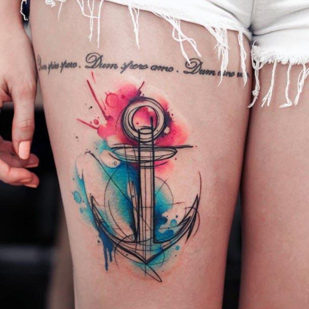 Womens Thighs Water Color Anchor Tattoo