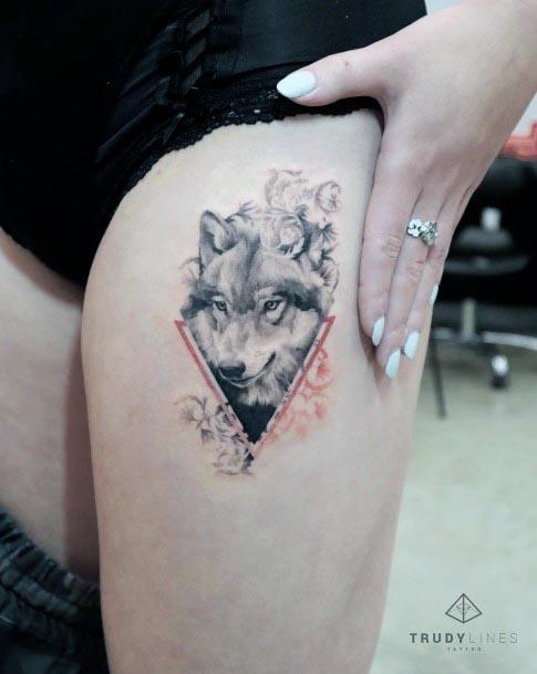 Womens Thighs Wolf In Triangular Frame Tattoo