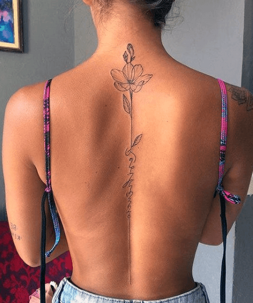 Womens Thin Grey Flower Tattoo Spine