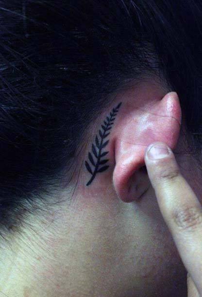 Womens Thin Leafy Tattoo Behind The Ear