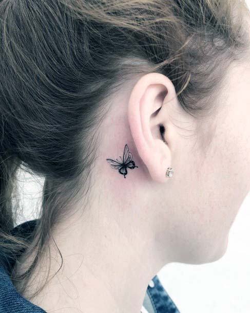 Womens Tiny Black And White Butterfly Tattoo Behind The Ear