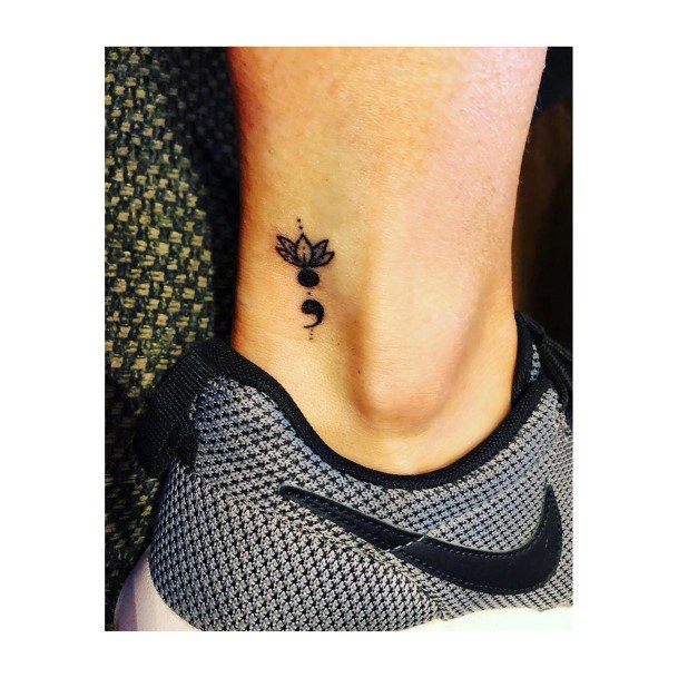 Womens Tiny Lotus With Semi Colon Tattoo Womens Legs