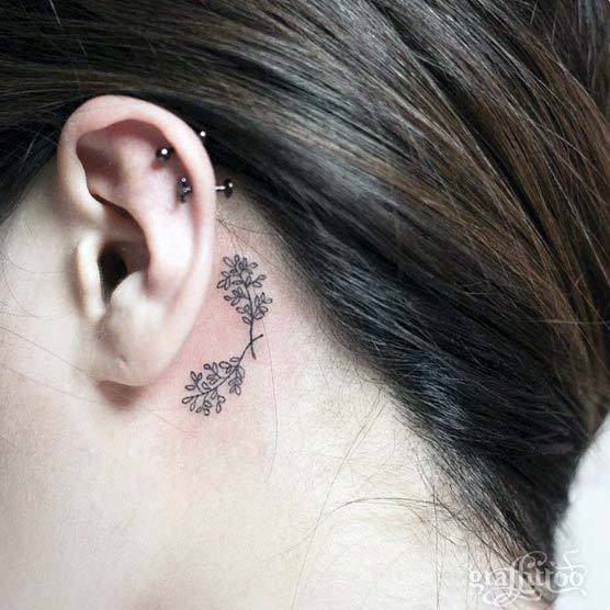 Womens Tiny Plant Tattoo Behind The Ear