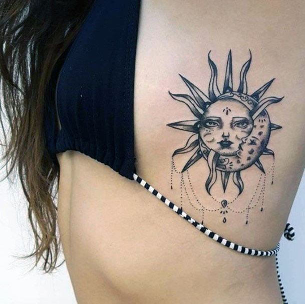 Womens Torso Black And Grey Sun Tattoo