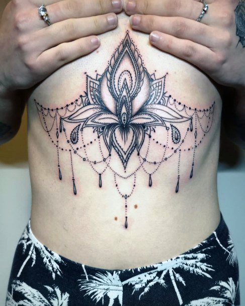 Womens Torso Chained And Beaded Lotus Tattoo