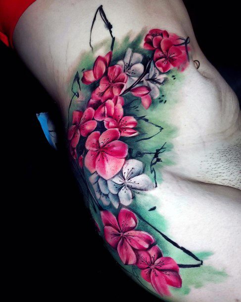 Womens Torso Deep Rich Red Cherry Blossom Tattoo Art