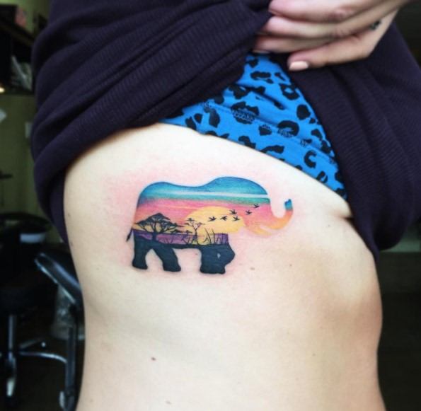 Womens Torso Elephant And Pretty Landscape Tattoo