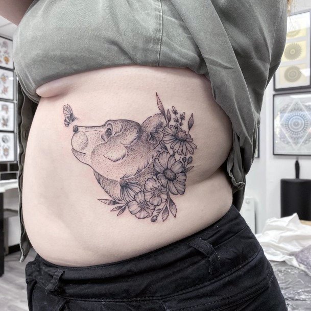 Womens Torso Flowers And Bear Tattoo