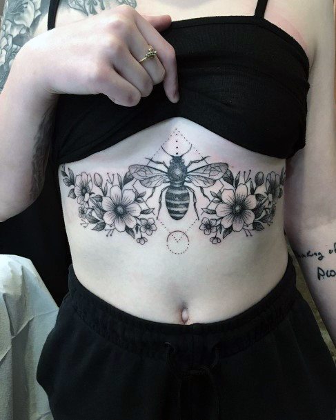 Womens Torso Flowers And Bees Tattoo