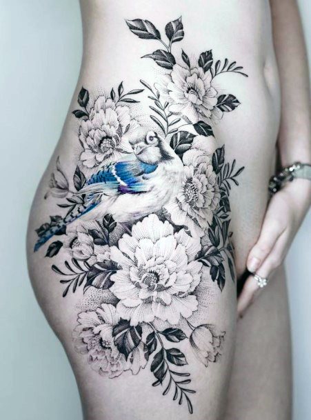 Womens Torso Flowers And Bird Tattoo