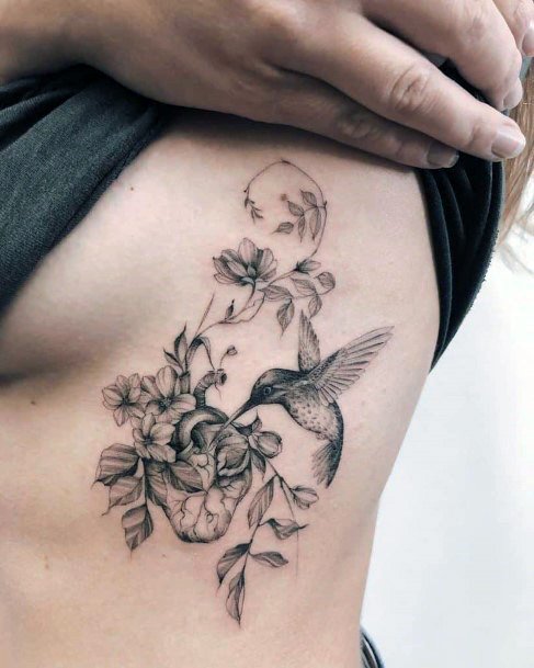 Womens Torso Grey Toned Hummingbird Tattoo