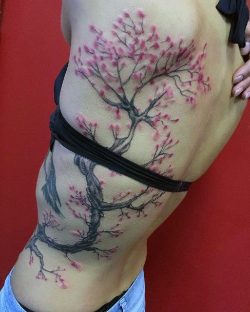 Womens Torso Large Branched Cherry Blossom Tattoo