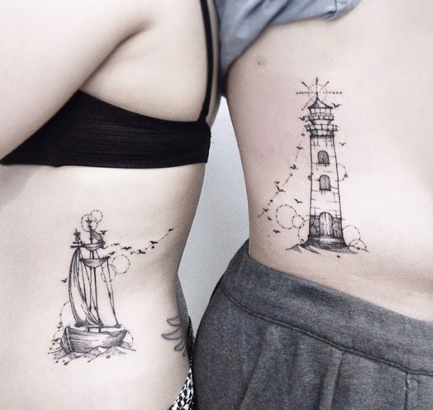 Womens Torso Light House And Ship Tattoo Matching